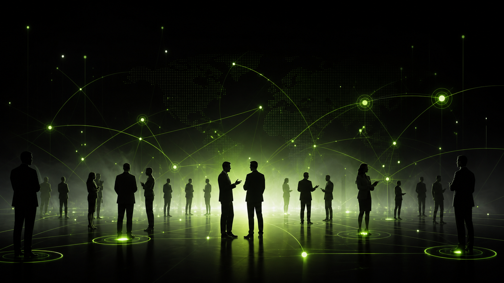 Abstract networking visual with people silhouettes and green connection lines