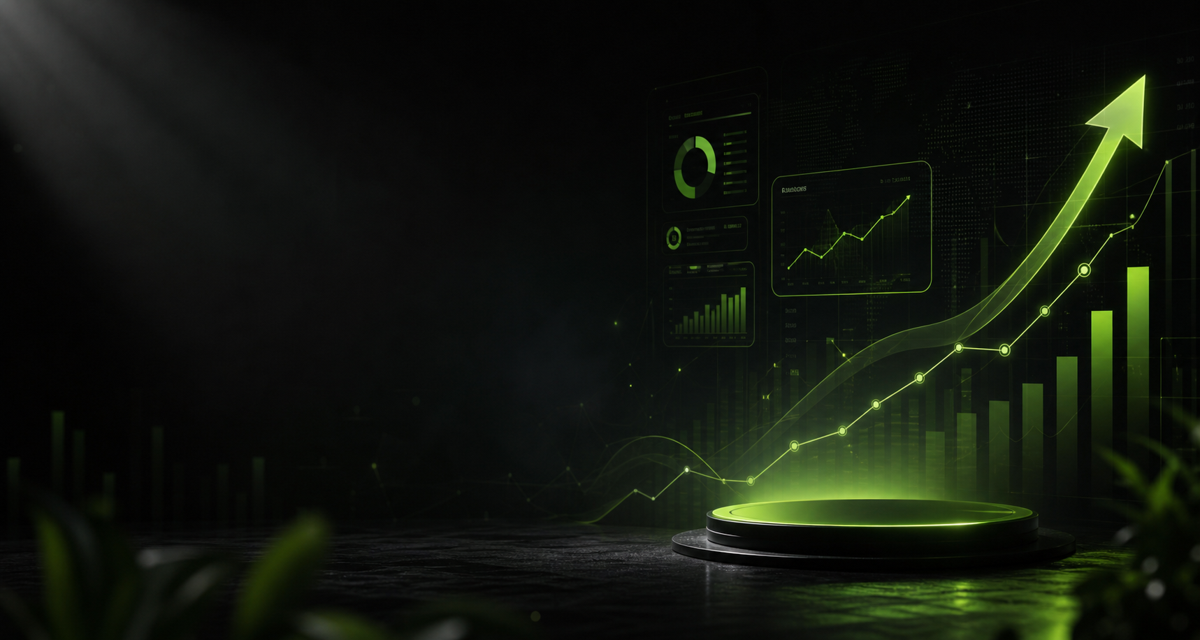 Abstract growth visual with green upward chart and dashboard lighting