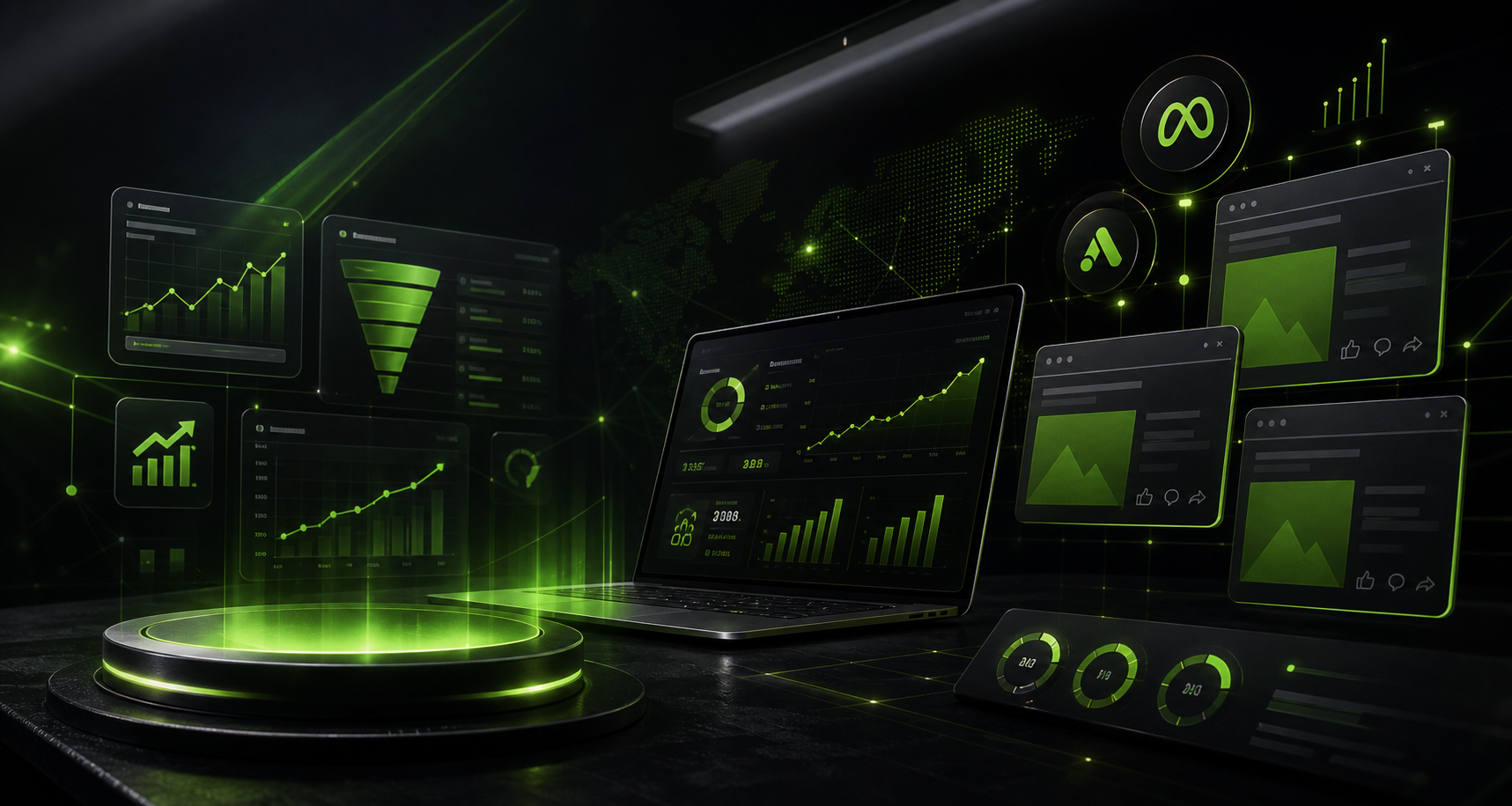 Dark green analytics dashboard visual for performance marketing
